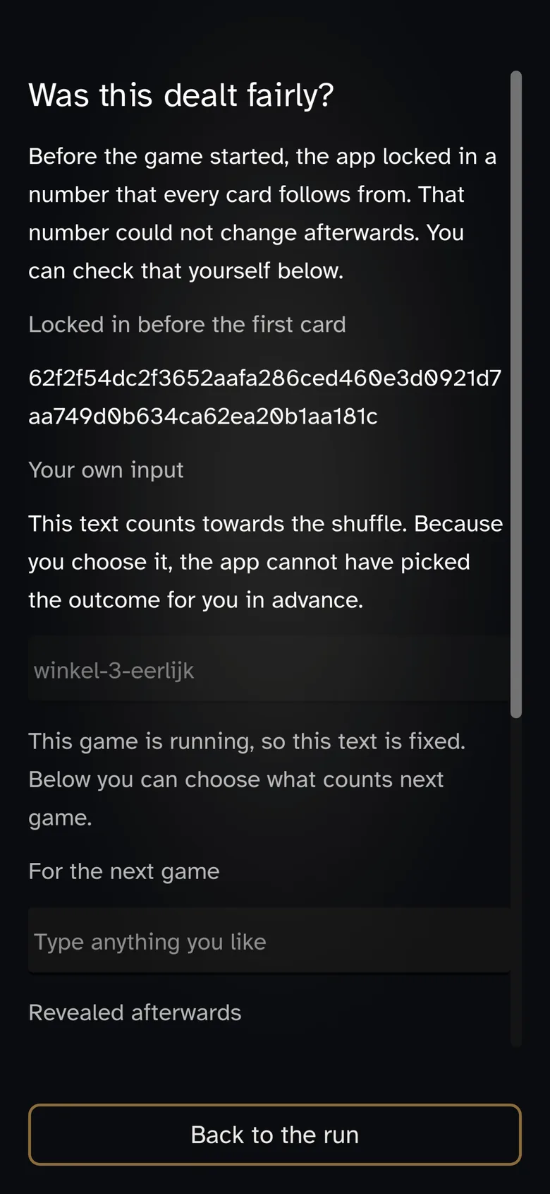 The fairness screen showing the commitment hash, the seeds, and the position in the stream.